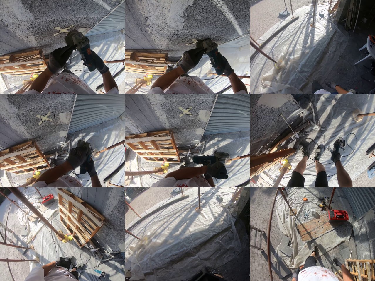 A 3 by 3 storyboard of egocentric construction frames showing the person handling an angle grinder near a plastic dust sheet.